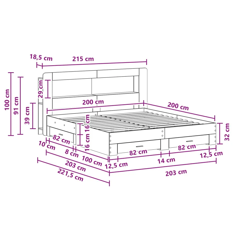 Lovos rėmas su saugojimu Pilka Sonoma 200 x 200 cm