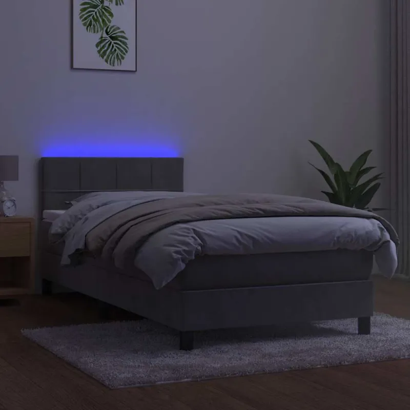 Lova su spyruokliniu/čiužiniu/LED, šviesiai pilka, 80x200cm, aksomas