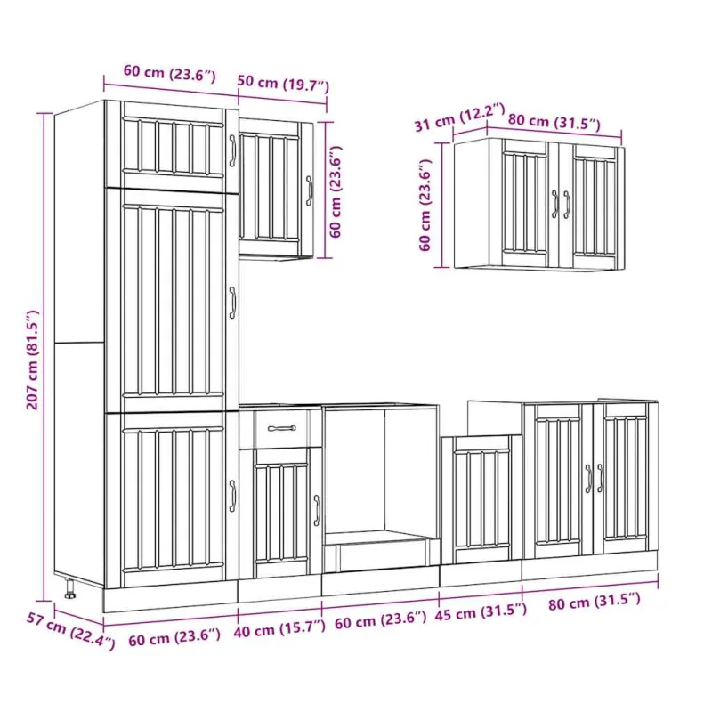 Virtuvinių spintelių komplektas, 7 dalių, Lucca, ąžuolo