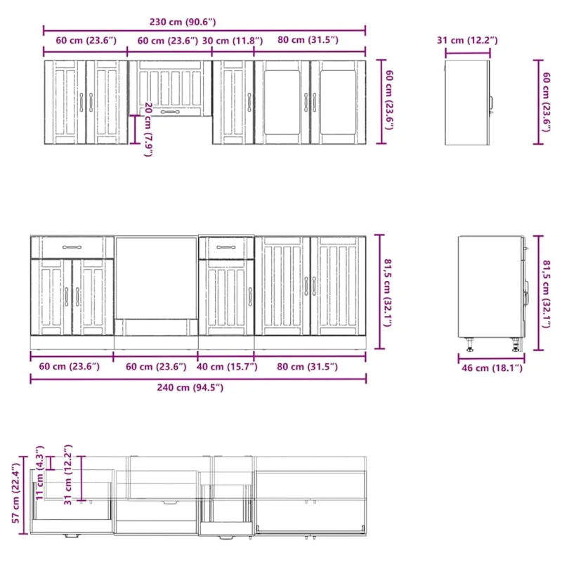 Virtuvinių spintelių komplektas, 8 dalių, Kalmar, juoda