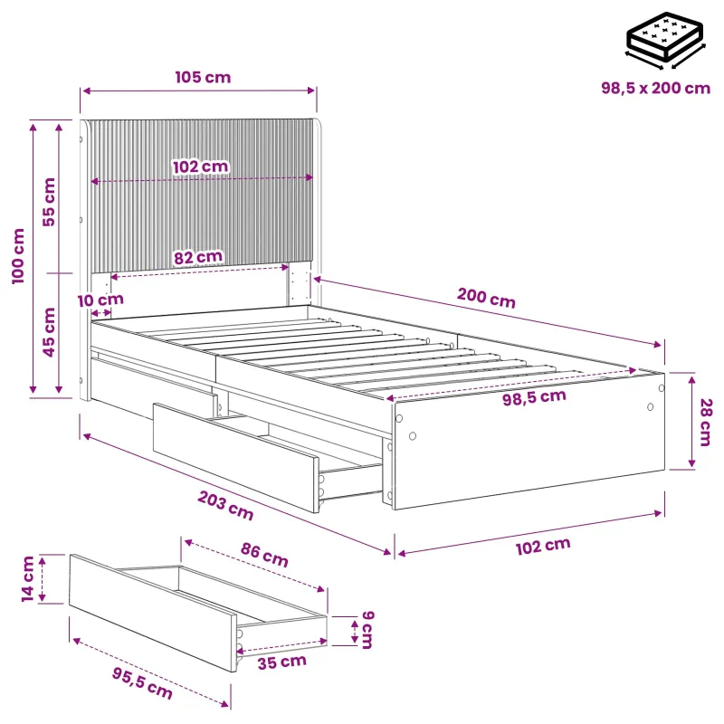 Lovos rėmas su saugojimu ir nugara Sonoma ąžuolas 100 x 200 cm