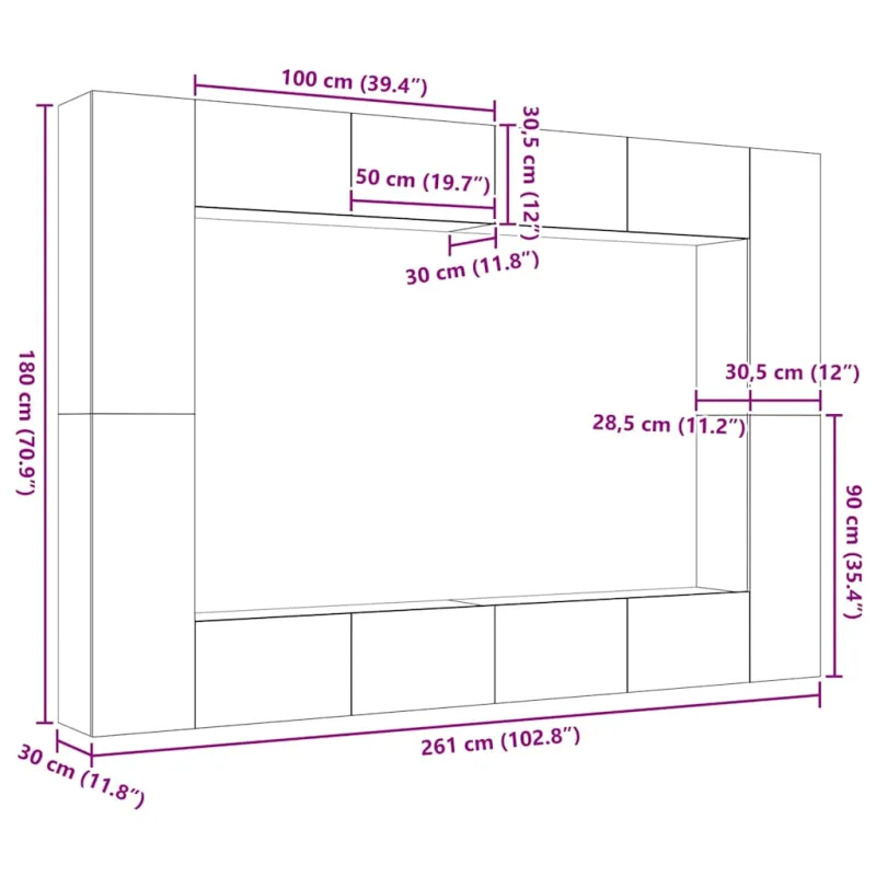 TV spintelių komplektas 8 pcs Juodas ąžuolas 100 x 30 x 30 cm