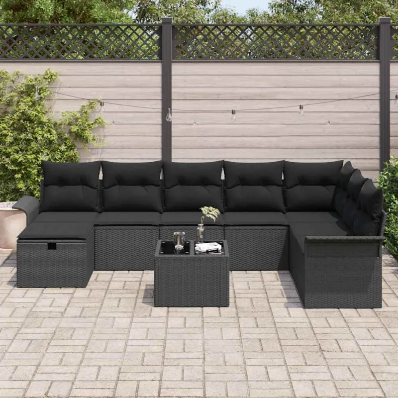 Sodo Sofų Rinkinys su pagalve 9 pcs Juoda poliratanas