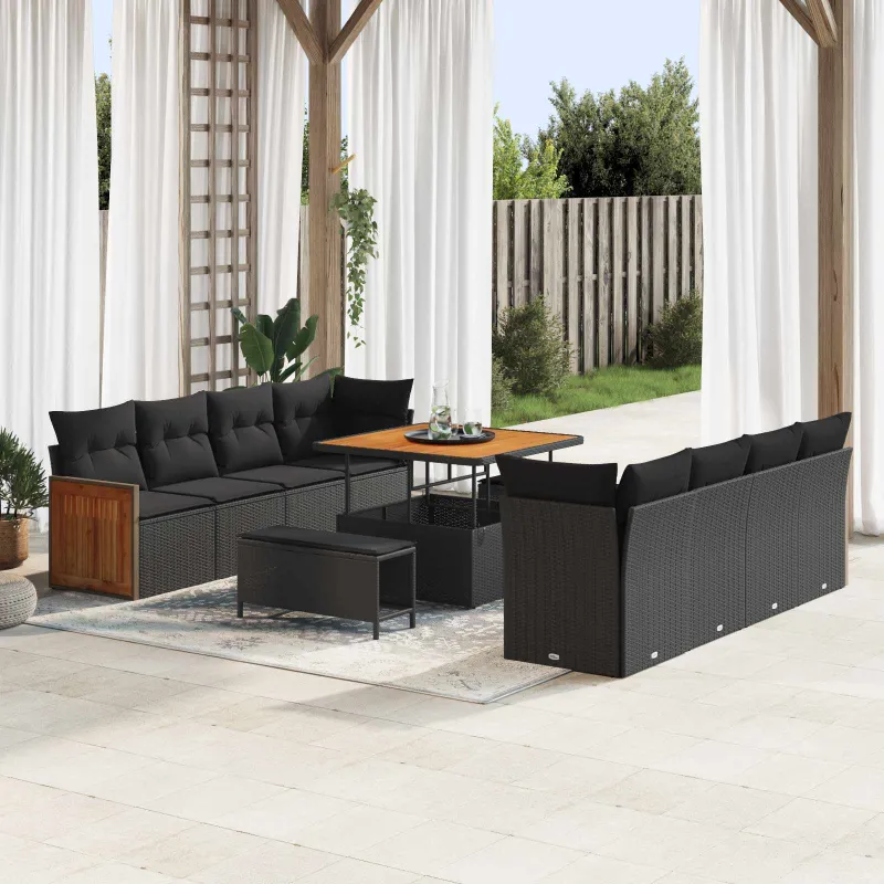 Sodo Sofų Rinkinys su pagalve 11 pcs Juoda