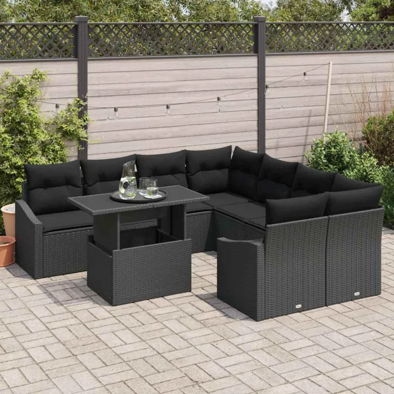 Sodo Sofų Rinkinys su pagalve 9 pcs Juoda poliratanas
