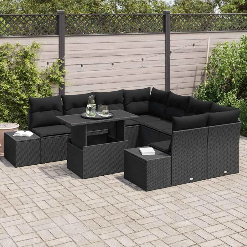 Sodo Sofų Rinkinys su pagalve 9 pcs Juoda poliratanas