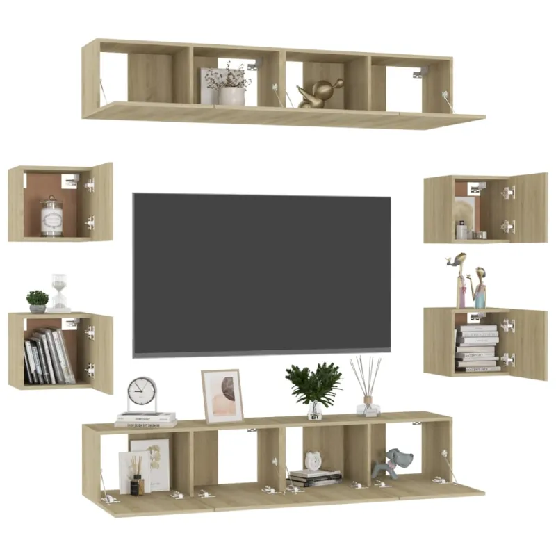 Televizoriaus spintelių komplektas, 8 dalių, ąžuolo, mediena