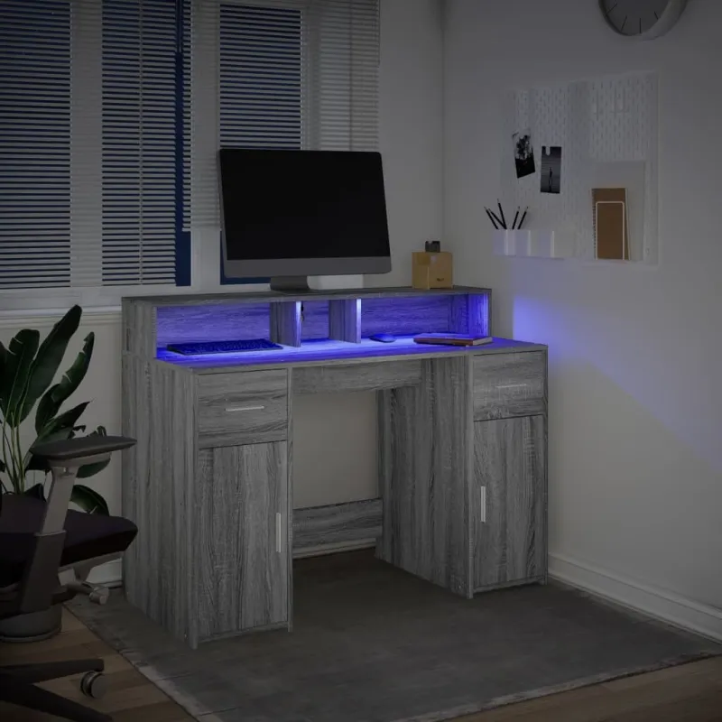 Rašomasis stalas su LED, pilkas ąžuolo, 120x55x91cm, mediena