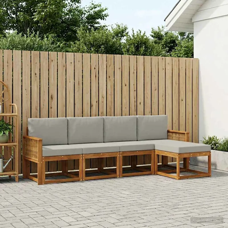 Lauko sofos komplektas 5 pcs Natūrali ir šviesiai pilka