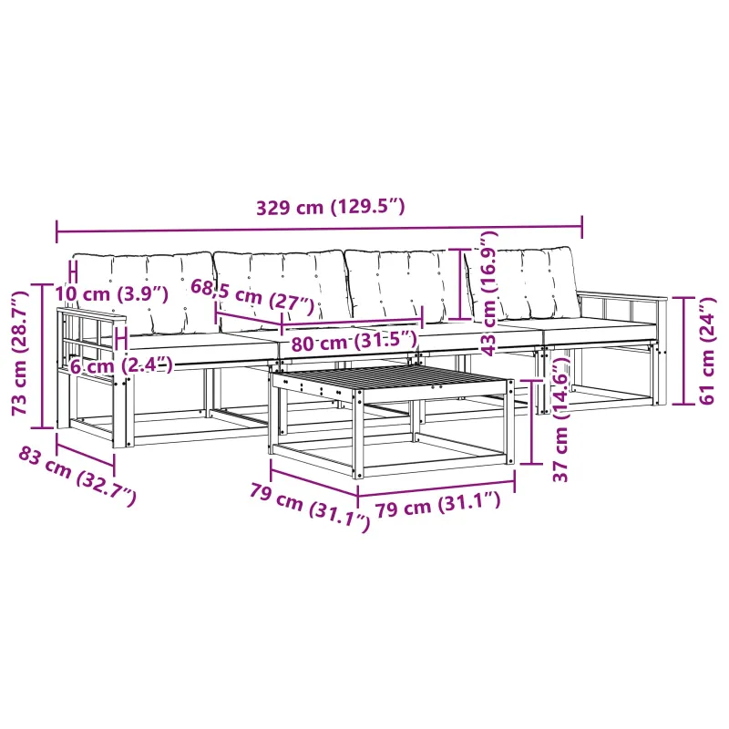 Lauko sofos komplektas 5 pcs Balta ir juoda 79 x 79 x 37 cm