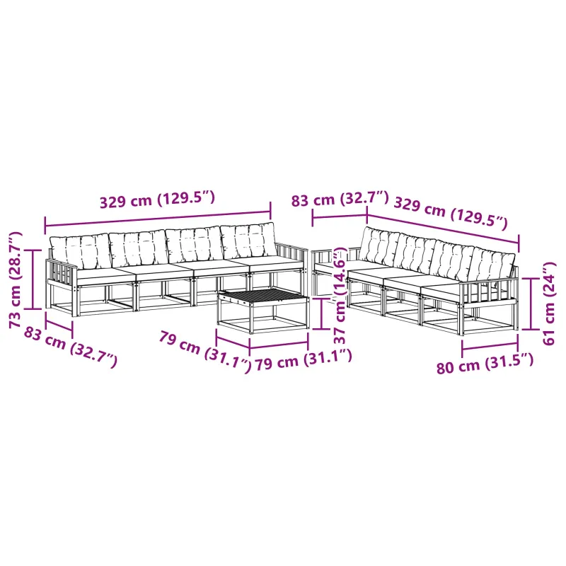 Lauko sofos komplektas 9 pcs Balta ir juoda 79 x 79 x 37 cm