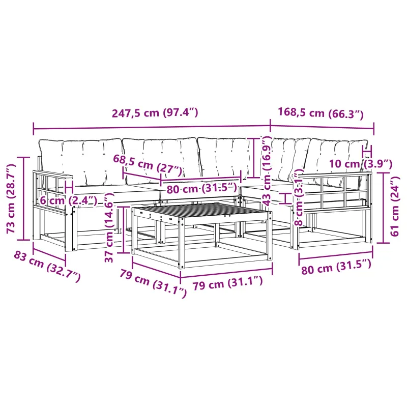 Lauko sofos komplektas 5 pcs Balta ir juoda 79 x 79 x 37 cm