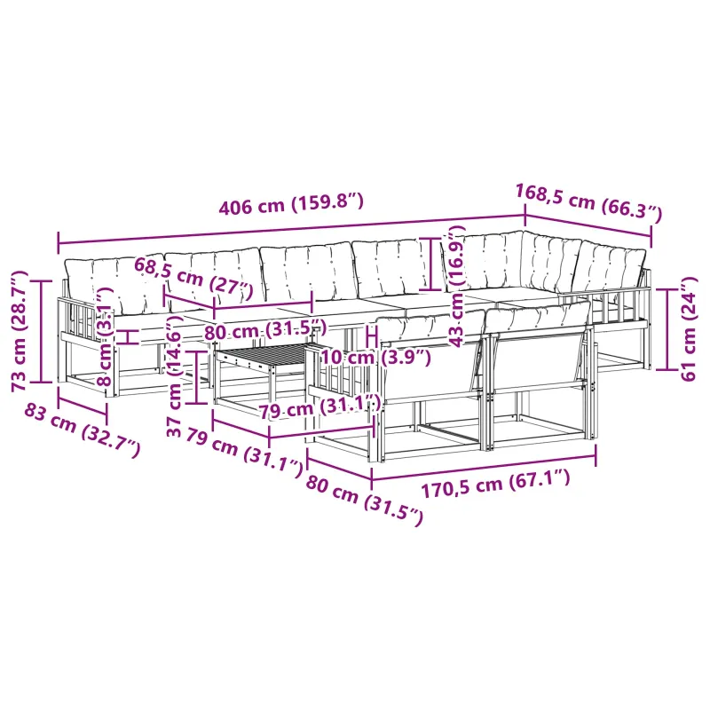 Lauko sofos komplektas 9 pcs Balta ir kreminė 79 x 79 x 37 cm