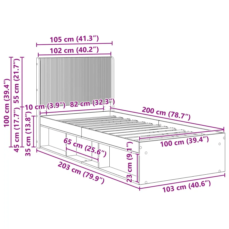 Lovos rėmas su saugojimu ir nugara Juoda 100 x 200 cm
