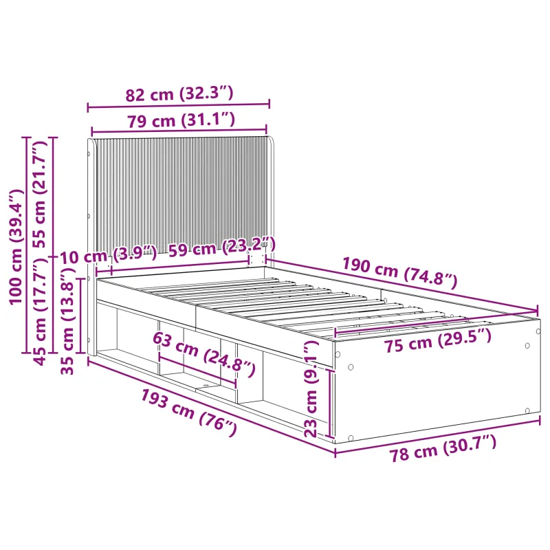 Lovos rėmas su saugojimu ir nugara Betono pilka 75 x 190 cm