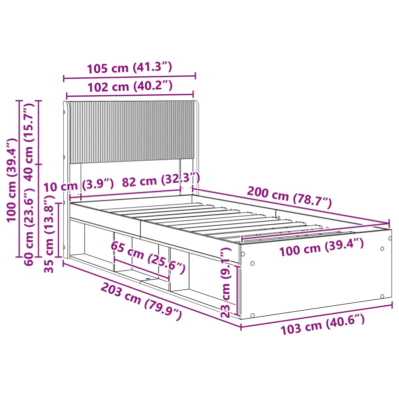 Lovos rėmas su saugojimu ir nugara Balta 100 x 200 cm