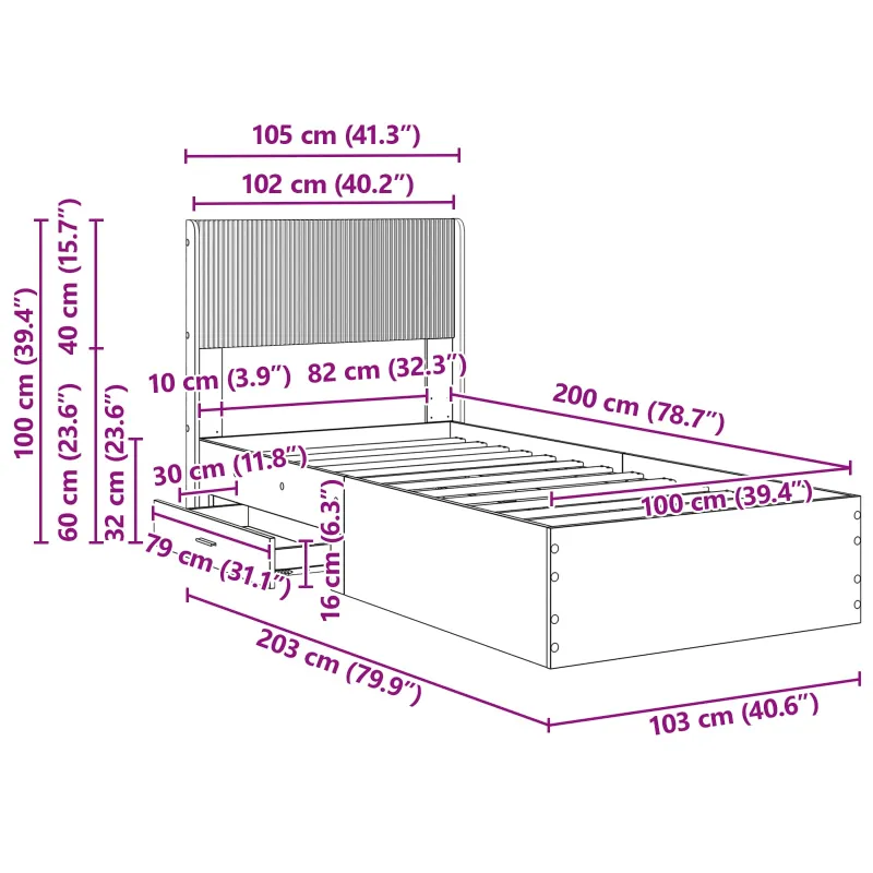 Lovos rėmas su saugojimu ir nugara Pilka Sonoma 100 x 200 cm