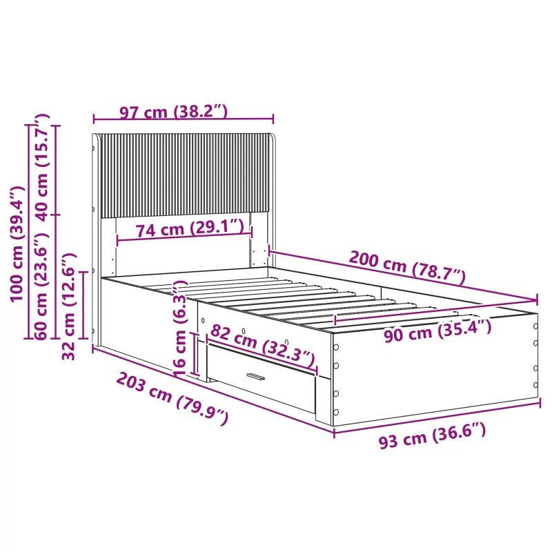 Lovos rėmas su saugojimu ir nugara Sonoma ąžuolas 90 x 200 cm