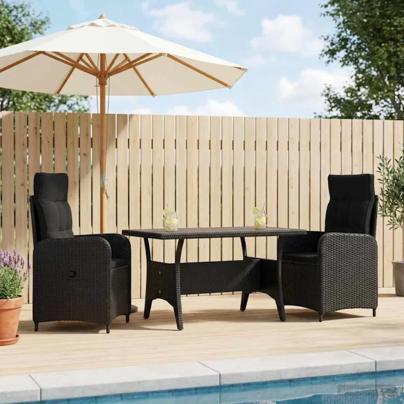 Lauko valgomojo komplektas 3 pcs Juoda poliratanas