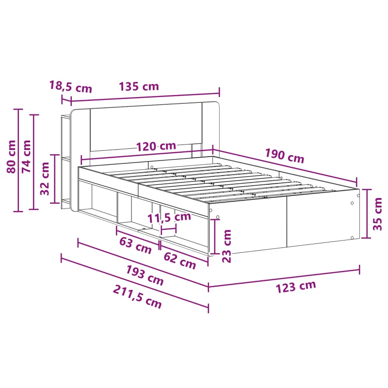 Lovos rėmas su saugojimu Sendintos medienos 120 x 190 cm