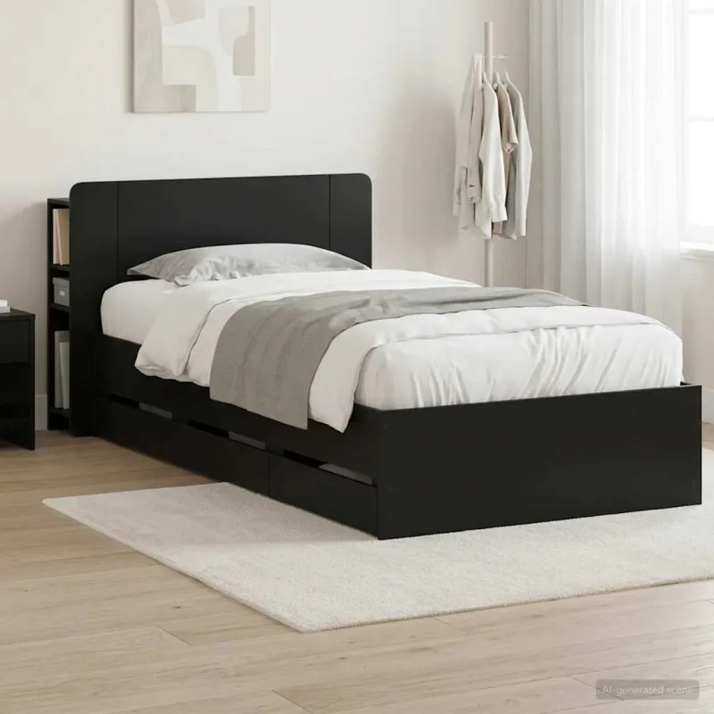 Lovos rėmas su saugojimu Juoda 75 x 190 cm Apdirbta mediena