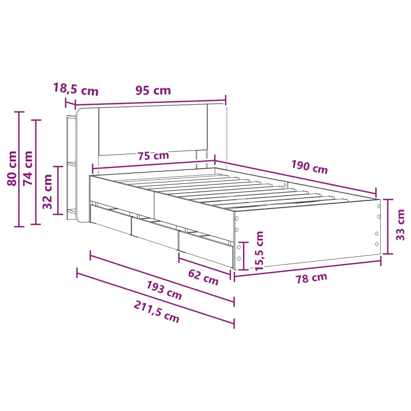 Lovos rėmas su saugojimu Juoda 75 x 190 cm Apdirbta mediena
