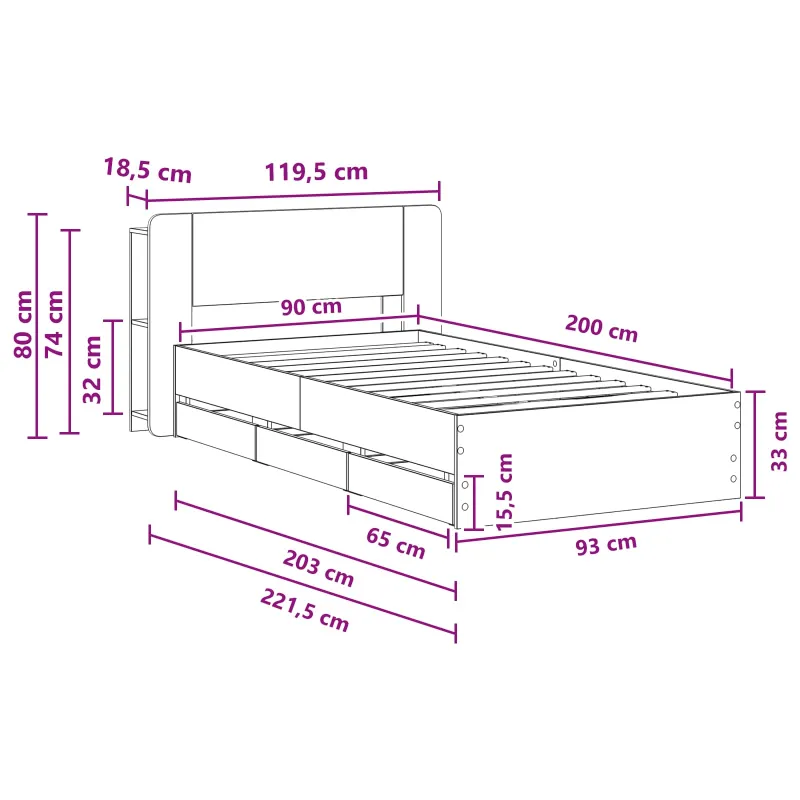 Lovos rėmas su saugojimu Dūminio ąžuolo 90 x 200 cm
