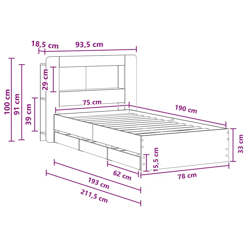 Lovos rėmas su saugojimu su galvūgalio Pilka Sonoma 75 x 190 cm