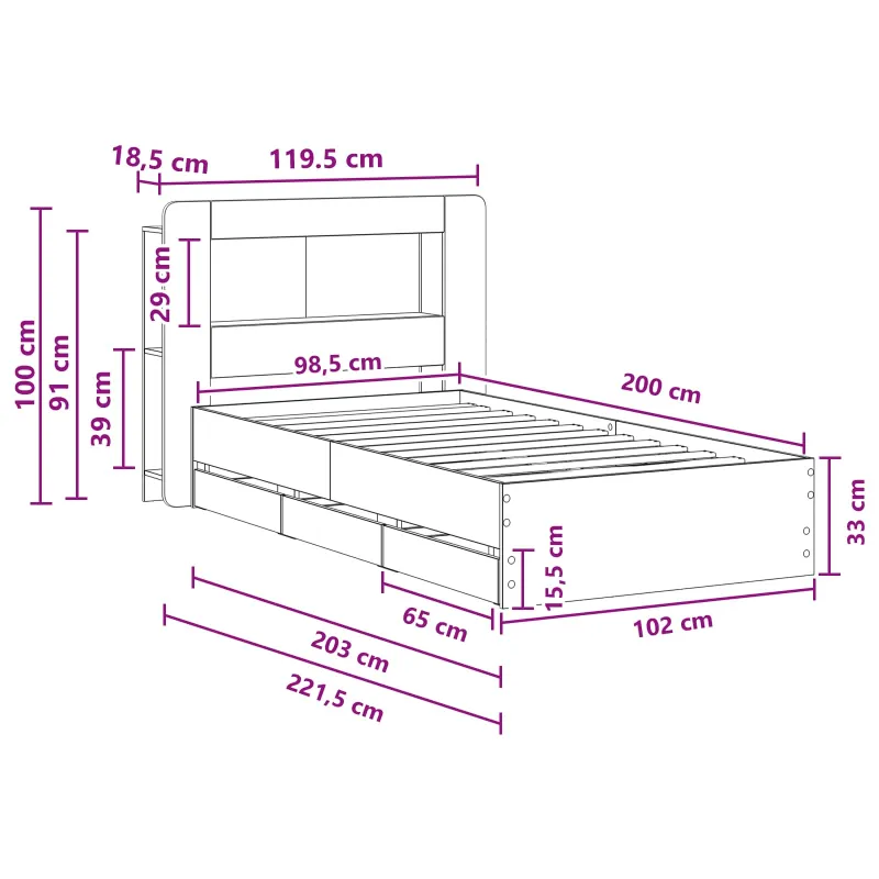 Lovos rėmas su saugojimu Pilka Sonoma 100 x 200 cm