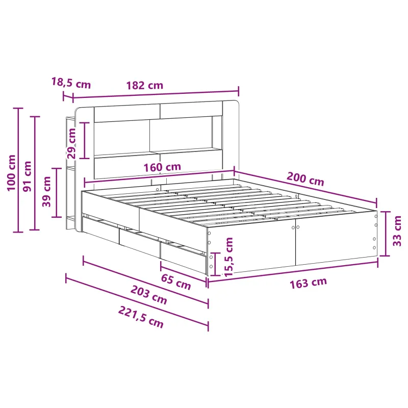 Lovos rėmas su saugojimu Juoda 160 x 200 cm Apdirbta mediena