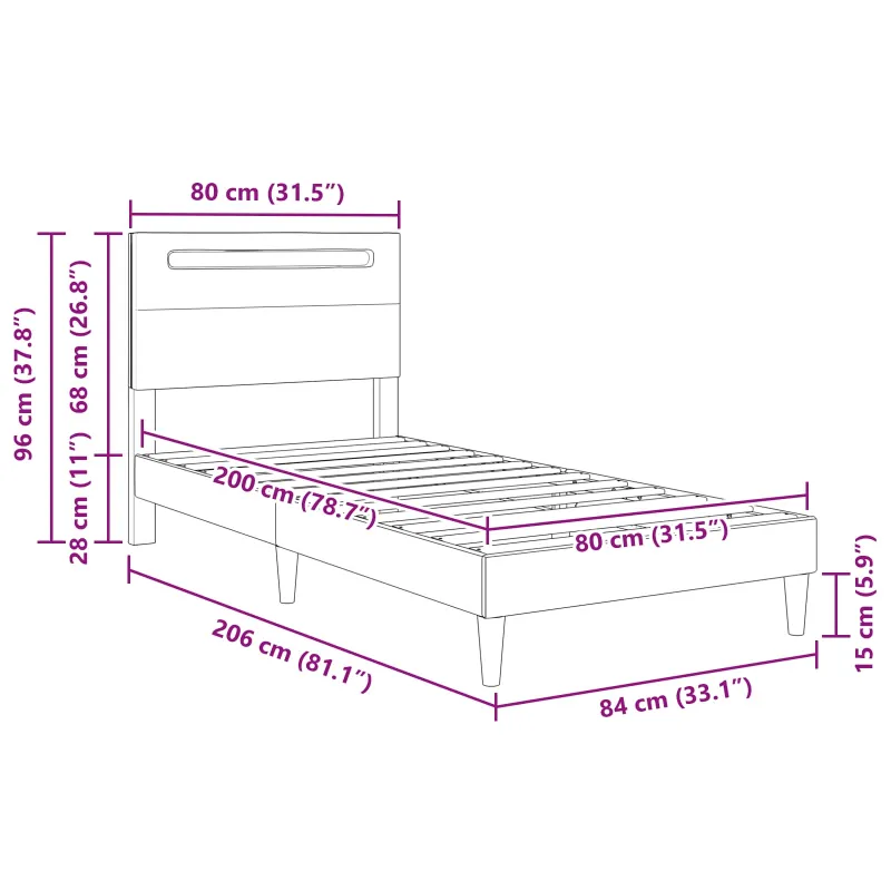 Lovos rėmas su LED juostelėmis Pilka 80 x 200 cm Dirbtinė oda
