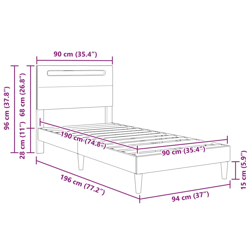 Lovos rėmas su LED juostelėmis Juoda 90 x 190 cm Dirbtinė oda