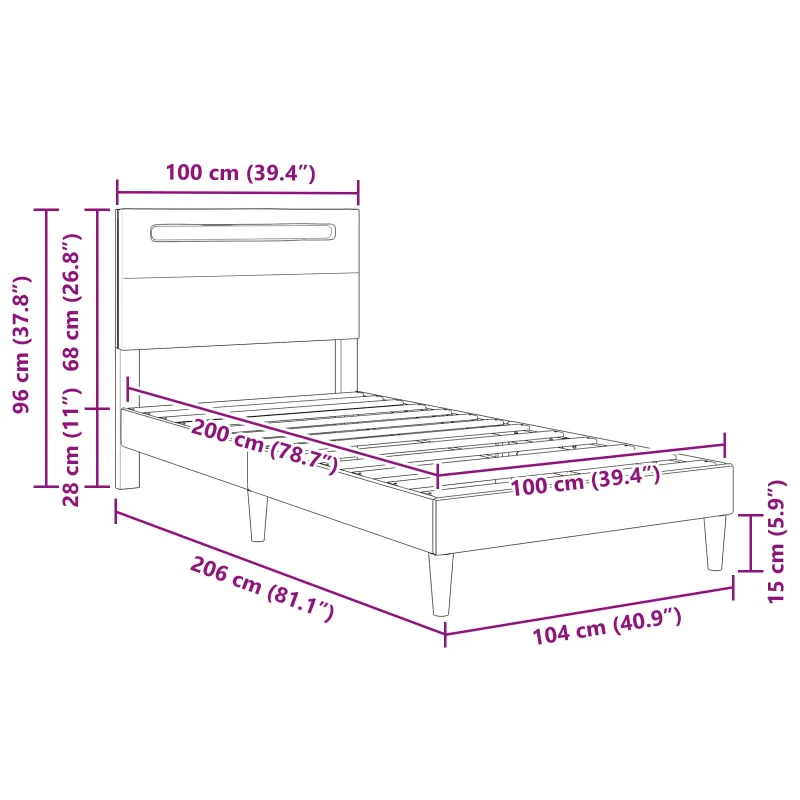 Lovos rėmas su LED juostelėmis Balta 100 x 200 cm Dirbtinė oda