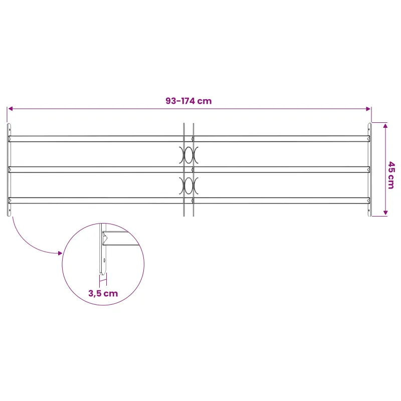 Langų saugos grotelės su 3 skersinėmis 93-174 cm