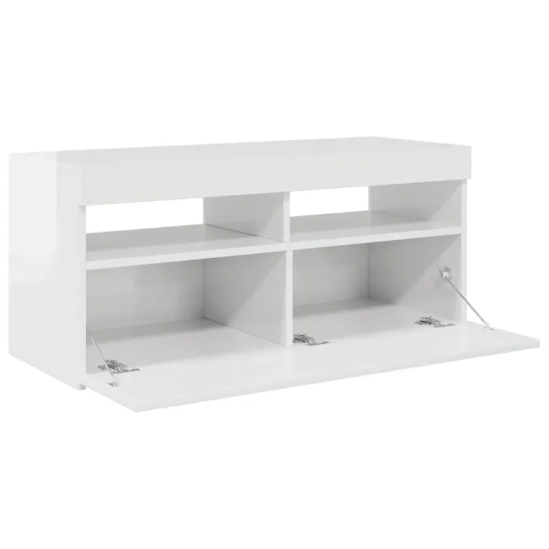TV spintelė su LED apšvietimu, balta, 90x35x40cm, blizgi