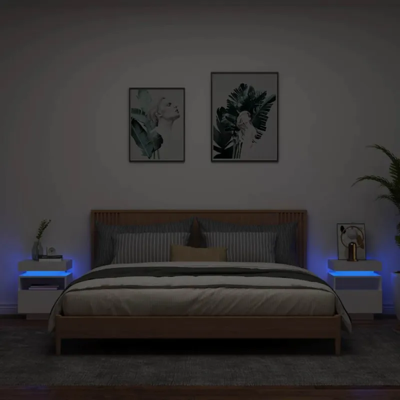 Naktinės spintelės su LED, 2vnt., baltos, 40x39x48,5cm