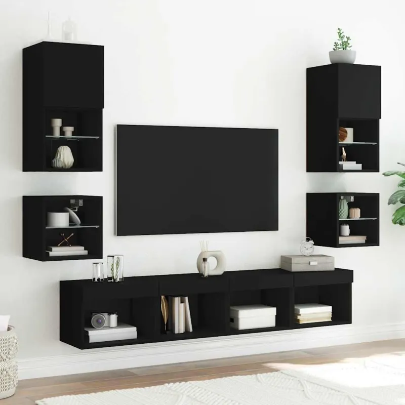 Sieninė TV spintelė su LED lemputėmis, juoda, 30x28,5x30cm