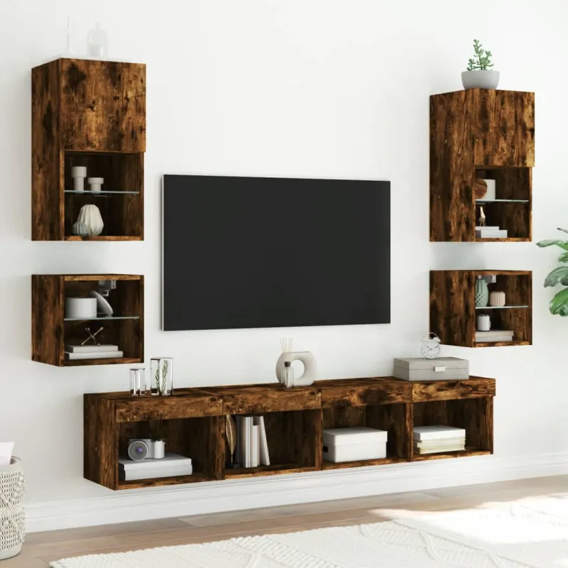 Sieninė TV spintelė su LED lemputėmis, dūminė, 30x28,5x30cm
