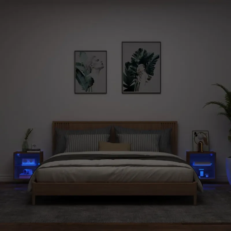 Sieninės naktinės spintelės su LED, 2vnt., rudos ąžuolo