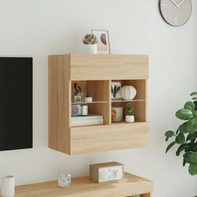 Sieninė TV spintelė su LED lemputėmis, ąžuolo, 58,5x30x60,5cm