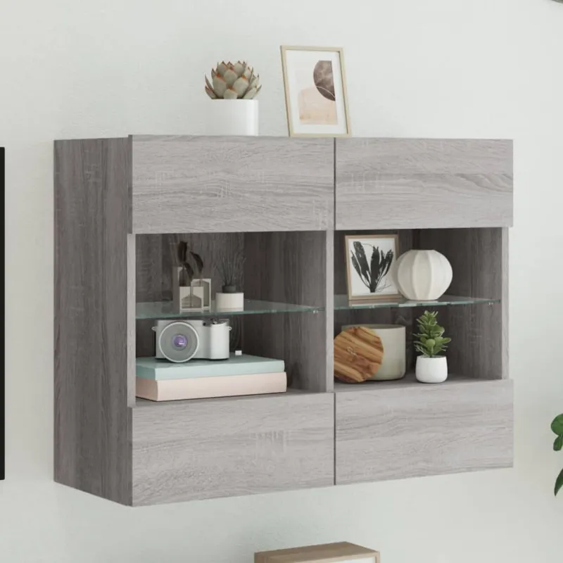 Sieninė TV spintelė su LED lemputėmis, pilka, 78,5x30x60,5cm