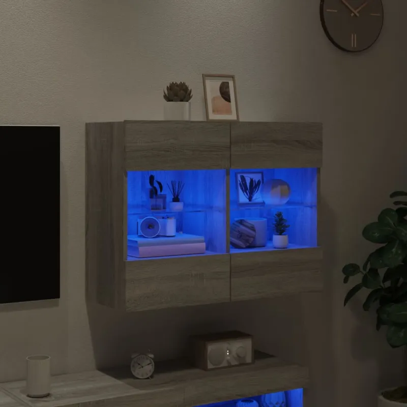 Sieninė TV spintelė su LED lemputėmis, pilka, 78,5x30x60,5cm