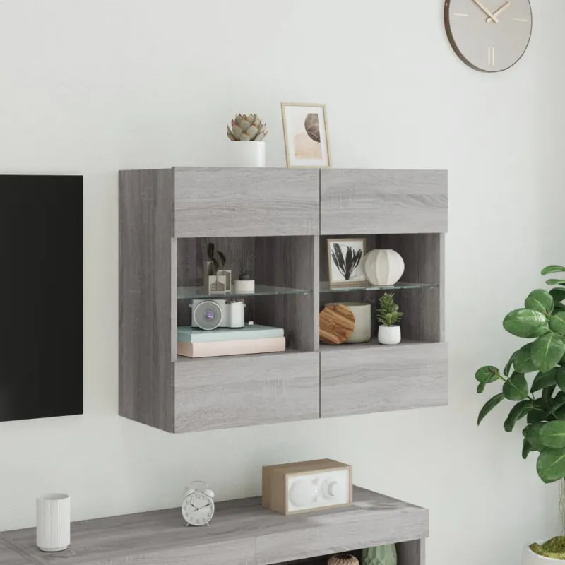 Sieninė TV spintelė su LED lemputėmis, pilka, 78,5x30x60,5cm