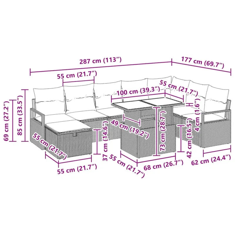 Sodo sohvaryhmä tyynyine, 9 osaa, hiekanvärinen polyrottinki