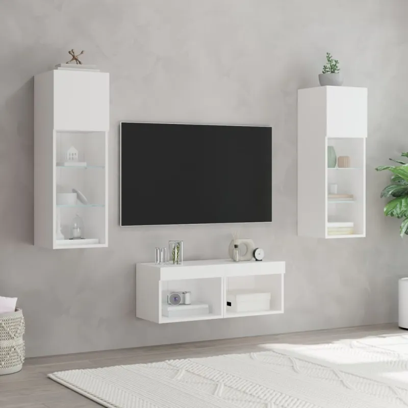 Sieninės TV spintelės su LED lemputėmis, 4 dalių, baltos