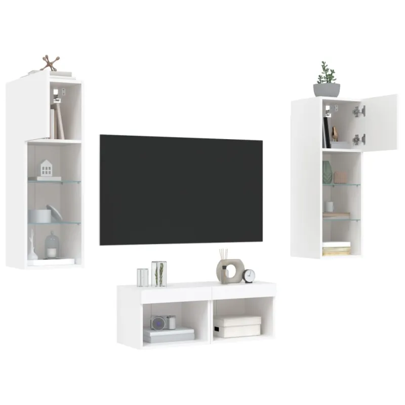 Sieninės TV spintelės su LED lemputėmis, 4 dalių, baltos
