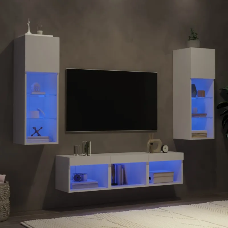 Sieninė TV sekcija su LED, 5 dalių, balta, apdirbta mediena