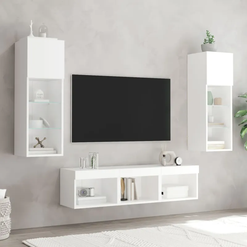 Sieninė TV sekcija su LED, 5 dalių, balta, apdirbta mediena
