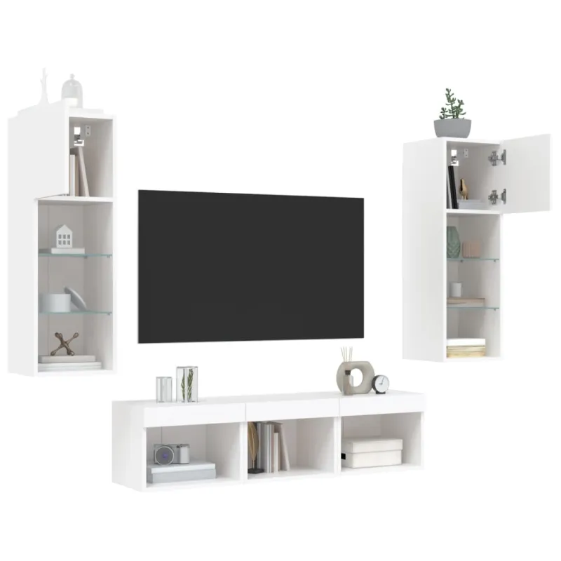 Sieninė TV sekcija su LED, 5 dalių, balta, apdirbta mediena