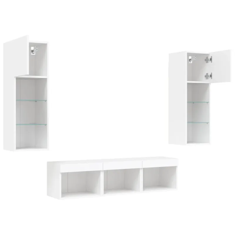Sieninė TV sekcija su LED, 5 dalių, balta, apdirbta mediena